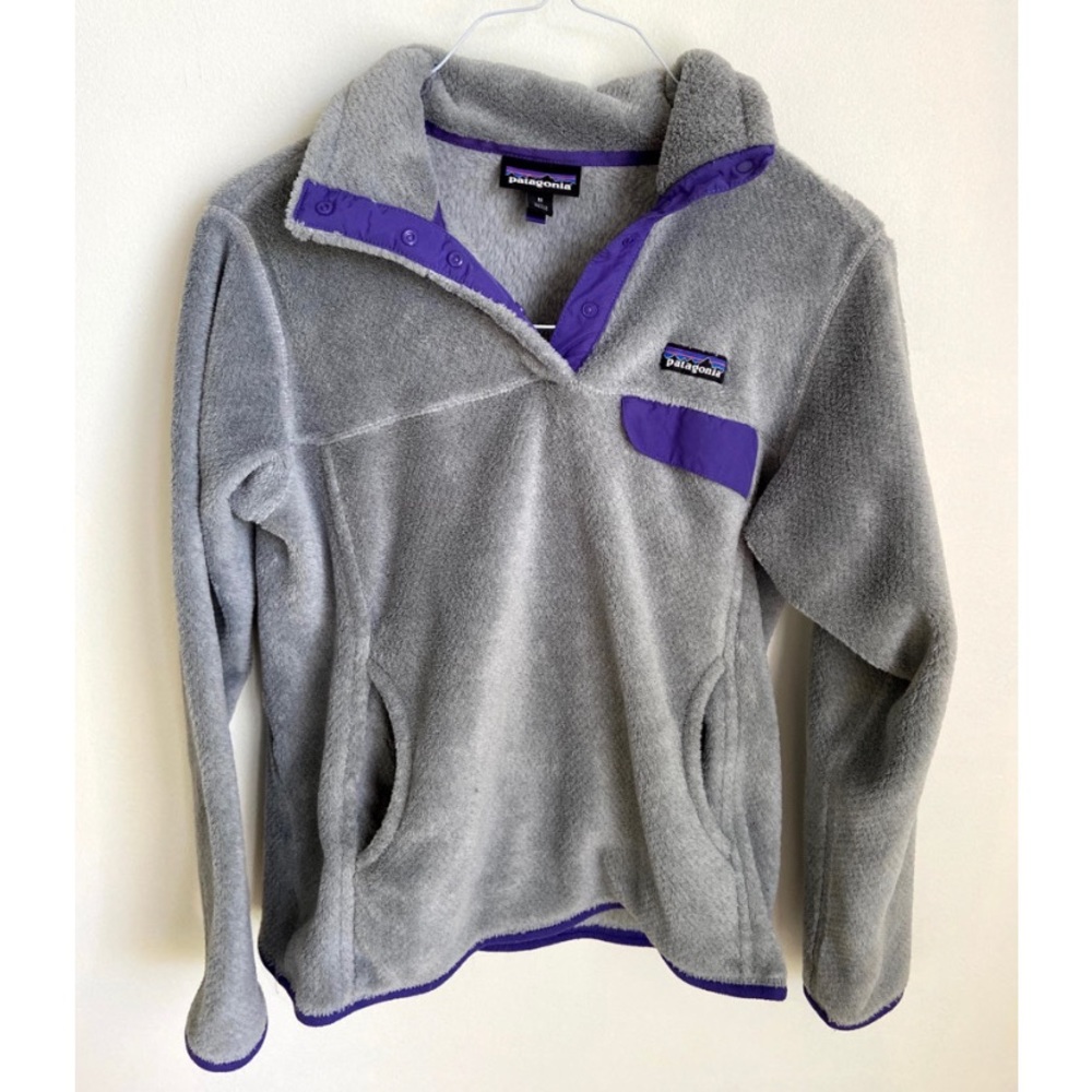 gray and purple patagonia sweatshirt